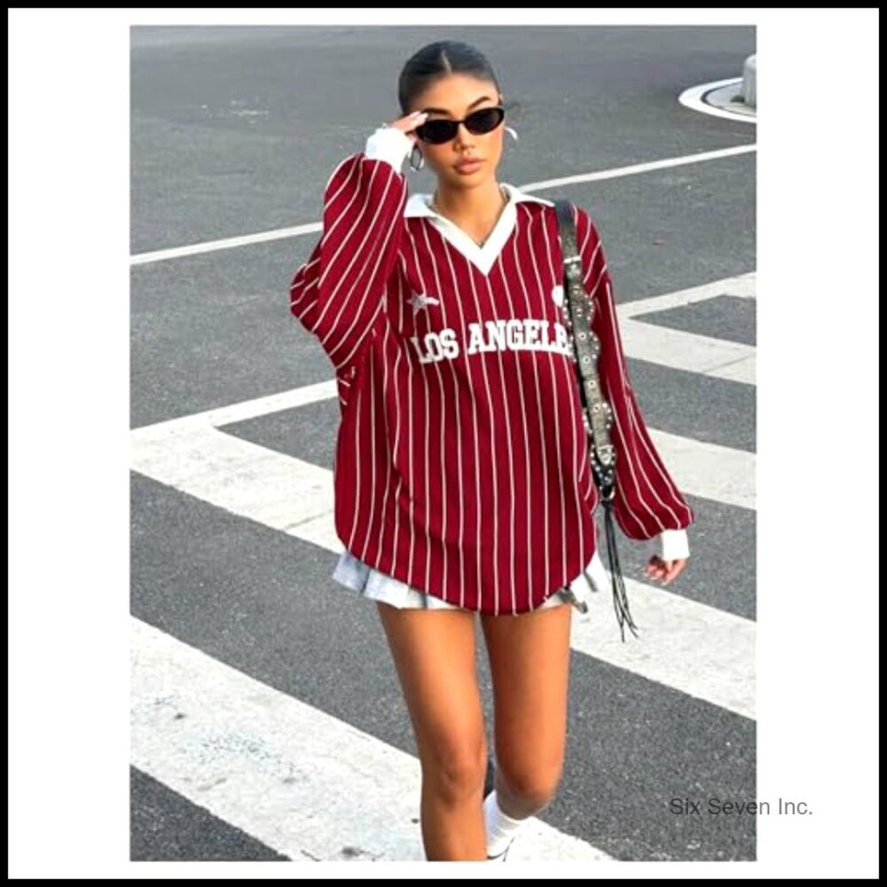 Oversized Striped Letter Print V-Neck Long Sleeve Jersey Tee Y2K Loose Fit - Picture 6 of 7